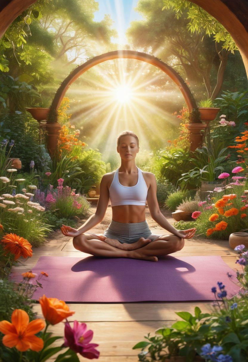 A serene scene depicting a diverse group of people engaged in holistic practices, such as yoga and meditation in a sunlit garden. Surround them with symbols of wellness, like essential oils, herbal remedies, and vibrant flowers. Include soft, warm colors to convey hope and healing, and a rainbow in the background to symbolize a brighter future. super-realistic. vibrant colors. soft lighting.