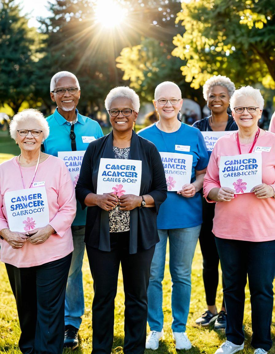 A diverse group of cancer survivors, each representing different age groups and backgrounds, standing together in a sunlit park, holding symbols of strength such as ribbons and flowers. In the background, a community center with banners promoting cancer care and advocacy. The scene is vibrant and hopeful, capturing the essence of empowerment and support. soft-focus, warm sunlight, cheerful ambiance. super-realistic. vibrant colors.