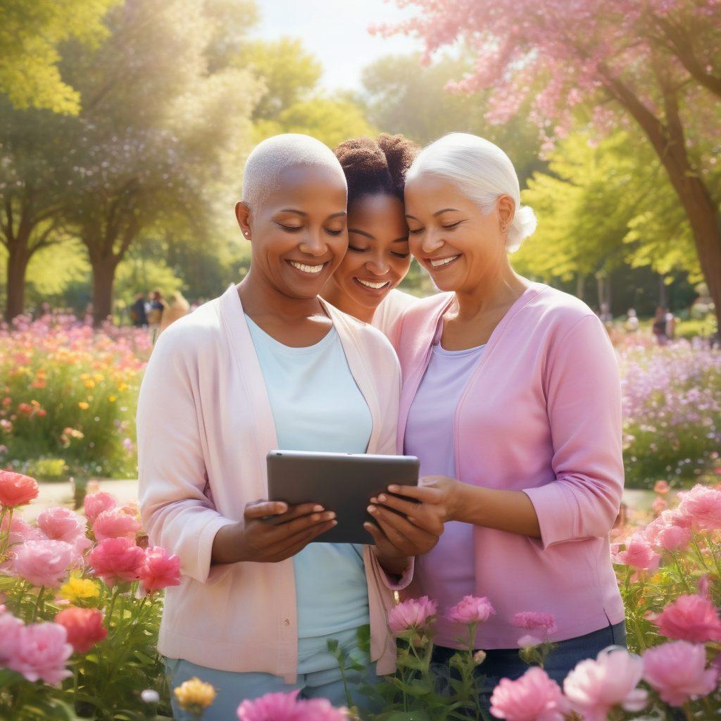 A serene scene depicting a diverse group of cancer survivors joyfully connecting in a sunlit park, surrounded by blooming flowers symbolizing hope. One individual is browsing essential resources on a tablet while another shares a supportive hug, conveying empowerment and community. The background features a peaceful landscape with soft, uplifting colors. vibrant colors. semi-realistic.